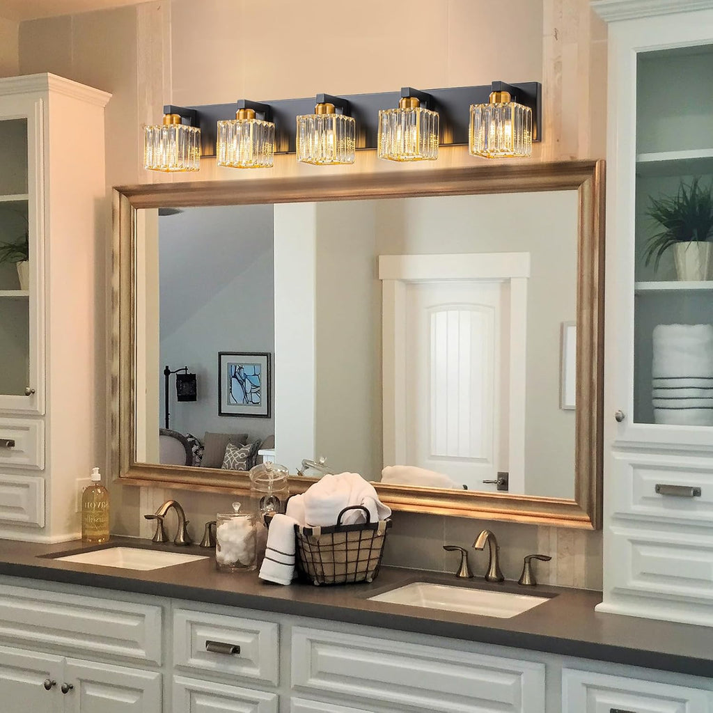 Crystal Black Gold Bathroom Vanity Light, 5-Lights Bathroom Lighting Fixtures Over Mirror Modern Glam Crystal Wall Lighting with Square Shade