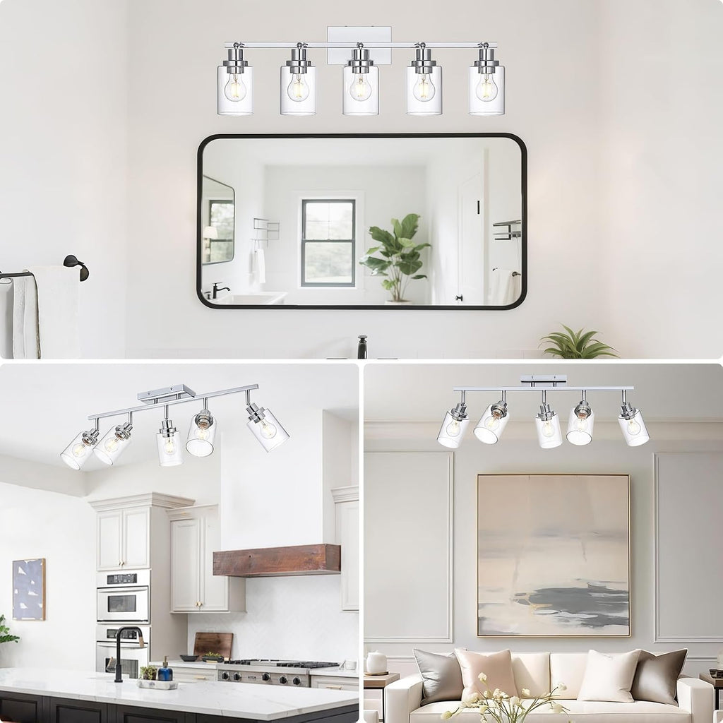 5-Light Track Lighting Kit Ceiling Kitchen Track Lighting Fixtures Chrome Bathroom Vanity Wall Lights with Clear Glass Multi-Directional Rotating Tracking Light Heads Spotlight for Accent Shop