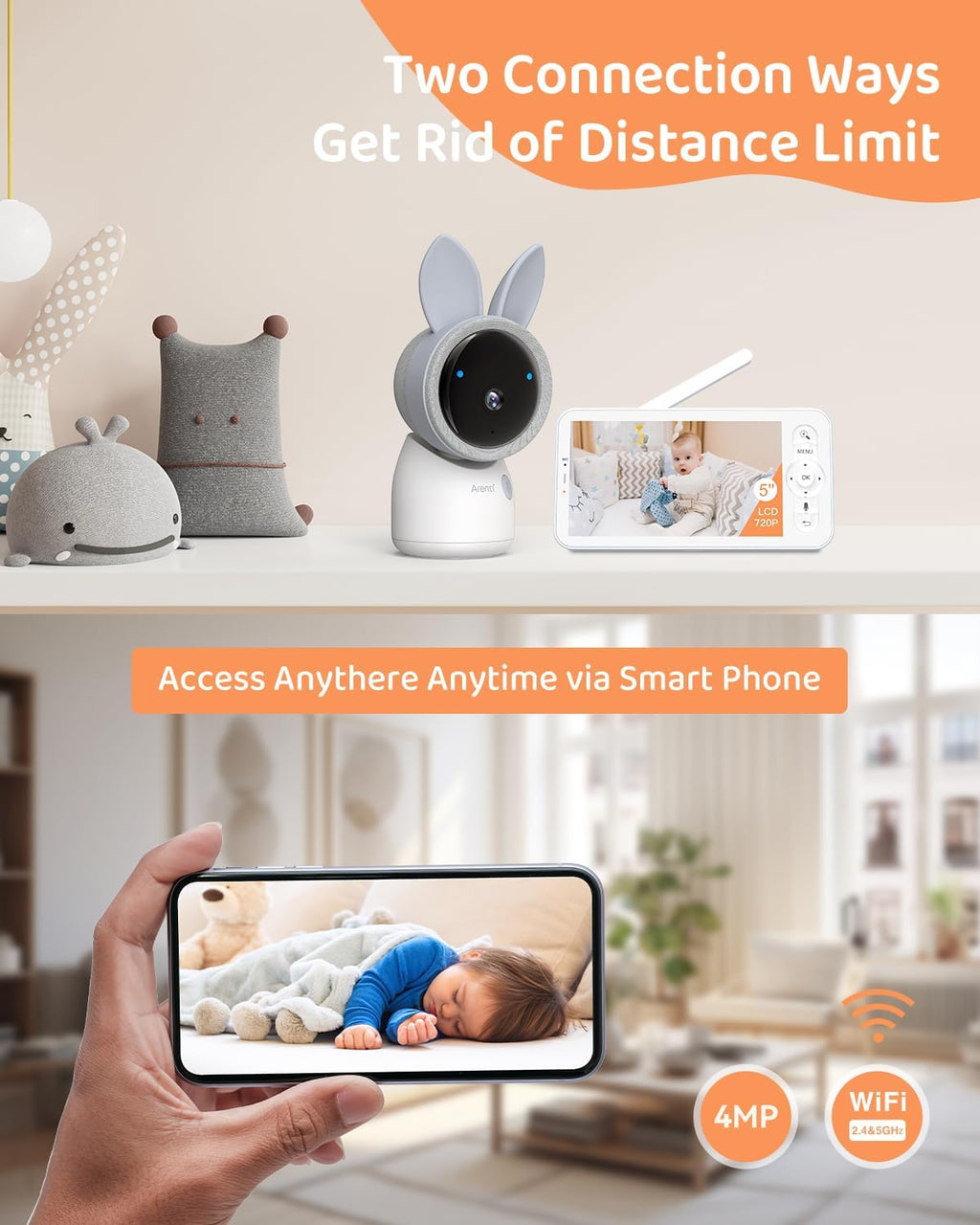 ARENTI 2.4G&5G Smart Baby Monitor with Camera and Audio, 5'' WiFi/No-WiFi 4MP Split Screen with Night Light, Smoothing Lullabies, Cry&Motion Detection, Temp&Humidity Senor, Free APP with Motion Video