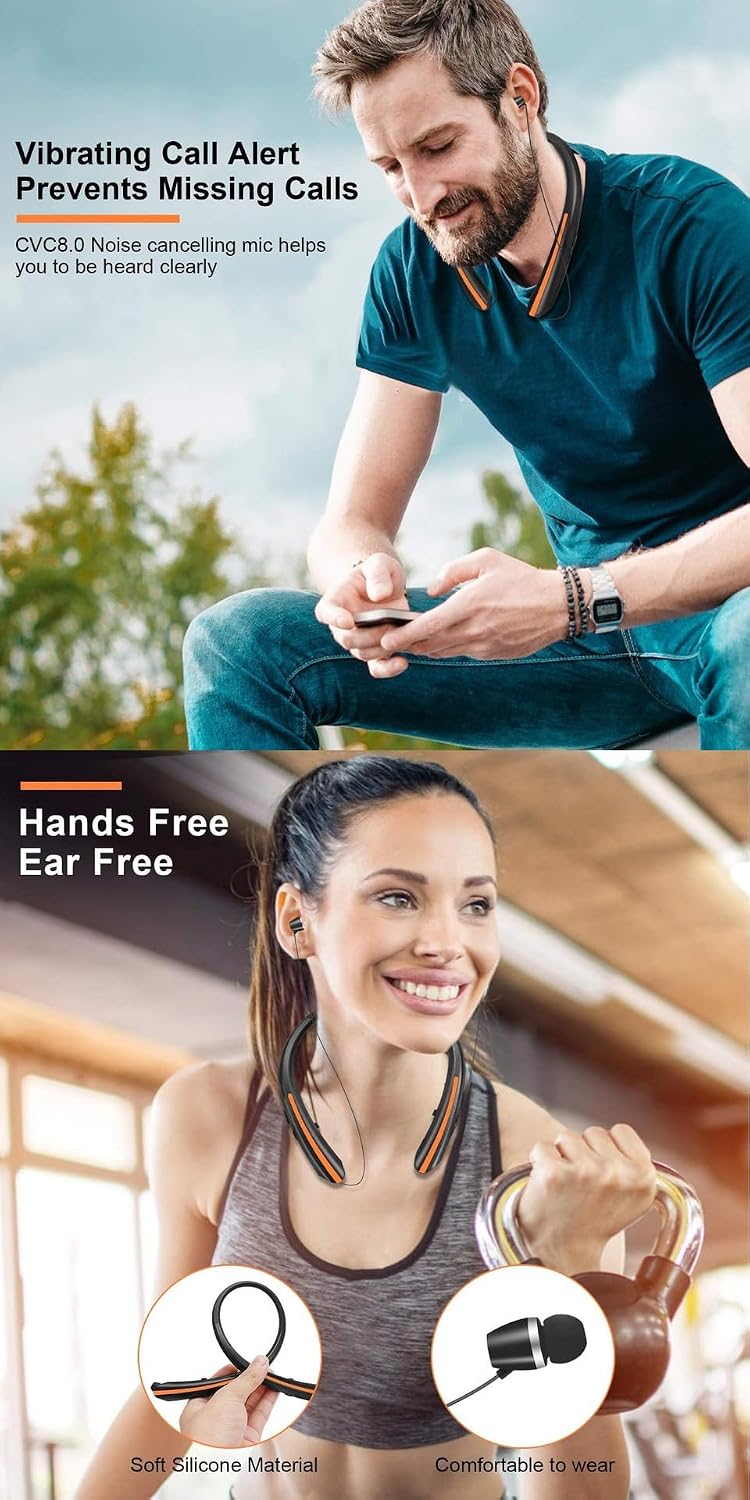 Wireless Bluetooth Neckband Headphones Auto Retractable Earbuds,CVC8.0 Noise Cancelling,IPX6 Waterproof Earphones,16 Hrs HD Talktime Soft Silicone Material for Working,Orange