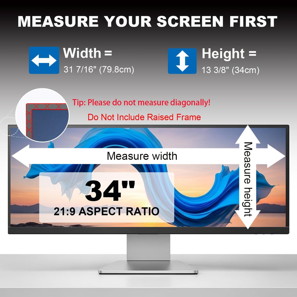 2 Pack Privacy Screen for 34 Inch 21:9 (79.8x34cm) Computer Monitor - Blue Light Filter & Anti-Glare, Removable Screen Privacy Shield | PC Protector Film for Flat and Curved Screens