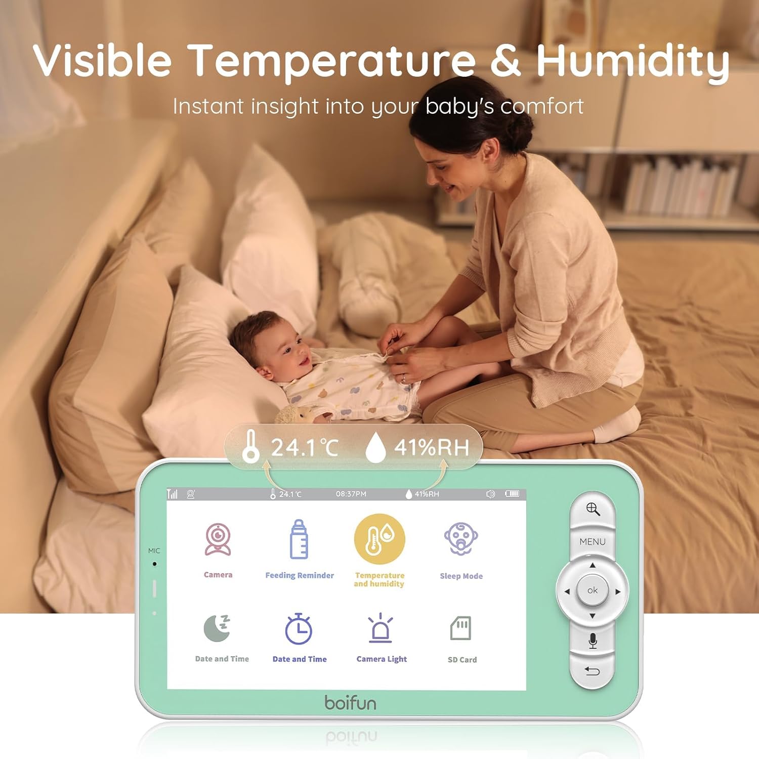 Boifun 2K Wifi Baby Monitor with 2 Cameras, Soothing Night Light, APP & 5' Split-screen Control, Motion/Cries/Noise/Customizable Alarm Zones Detect, Auto Tracking, PTZ, Humidity&Temperature Monitoring