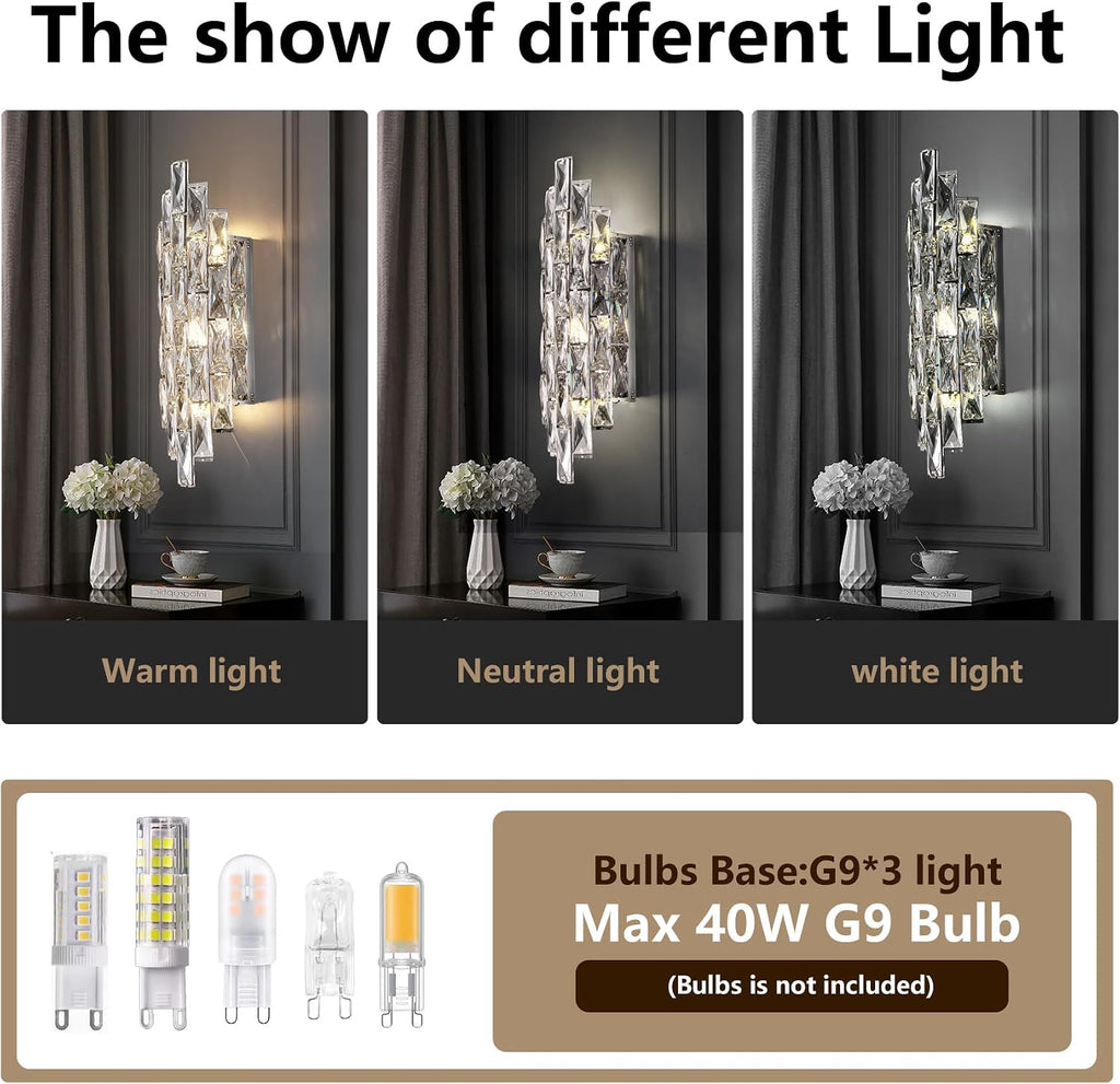 Modern Crystal Chrome Wall Sconces, Wall Light Fixtures, Indoor Wall Lamp, Vanity Wall Mount Lamps for Living Room Bedroom Bathroom Bedside Hallway Stairway