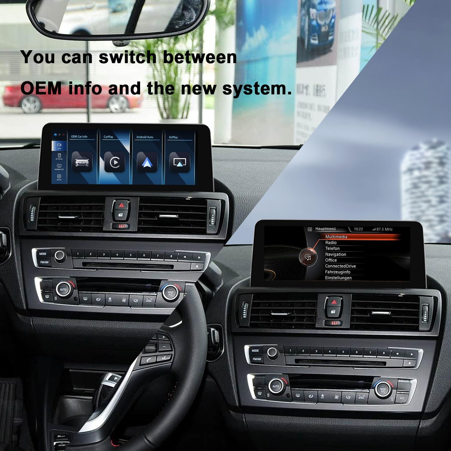 PEMP CarPlay Android Auto Monitor Linux Screen for BMW (2012-2016) 1 Series F20 CIC NBT System with a 720P AHD Revers Camera