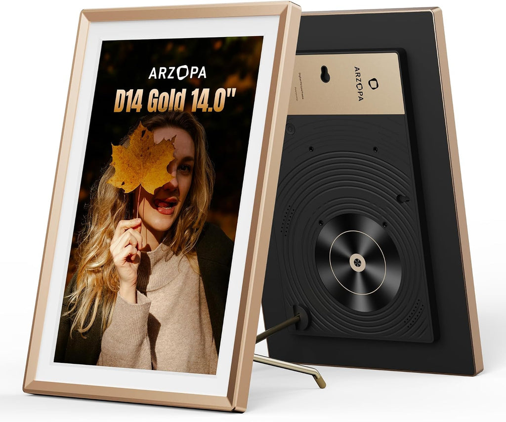 ARZOPA Metal Digital Picture Frame 14 Inch Free Cloud Storage No Subscription FHD IPS Anti-Glare Touchscreen Load Photos Videos from Phone Exquisite Decoration Ideal for Gifting - D14 Champagne Gold