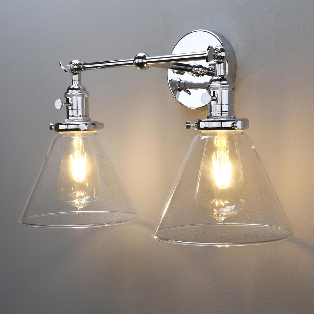 PERMO Double Sconce Chrome Industrial 2-Lights Wall Sconces with Funnel Flared Glass Clear Glass Shade Vanity Light for Bedroom (Chrome)