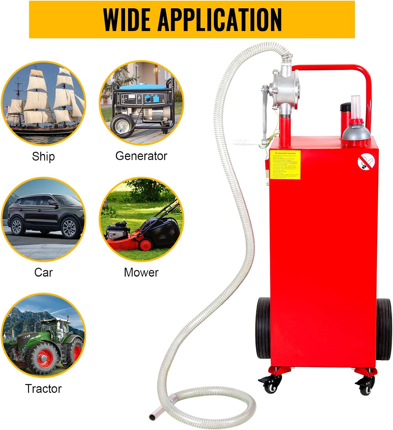 30 Gallon Gas Caddy with Pump on 4 Wheels, Portable Fuel Storage Tank, Manual Transfer Pump for Gasoline & Diesel, Stainless Steel for Cars, Lawn Mowers, ATVs, Boats