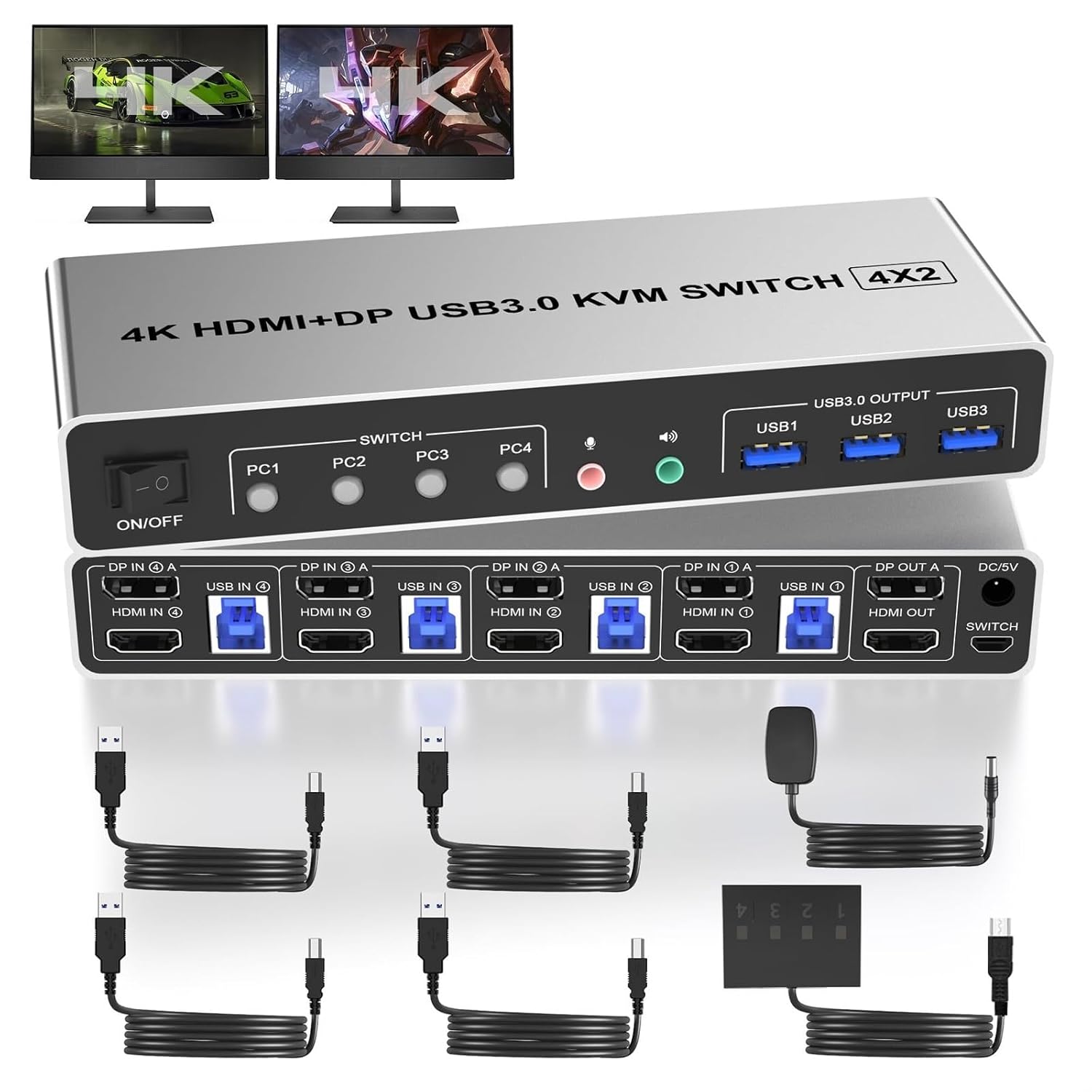4K@60Hz USB 3.0 Displayport+HDMI KVM Switch 2 Monitors 4 Computers, 4 Port Dual Monitor HDMI+DP Monitor Switch for 4 PC(EU Plug)