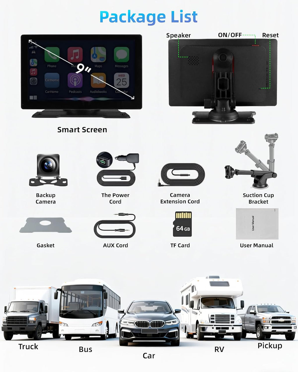 9'' Wireless Carplay Screen for Car Android Auto Monitor Display Screen Carplayer Receivers 4K Dash Cam IPS Car Touchscreen with 1080p Backup Camera Voice Control BT FM Mirror Link