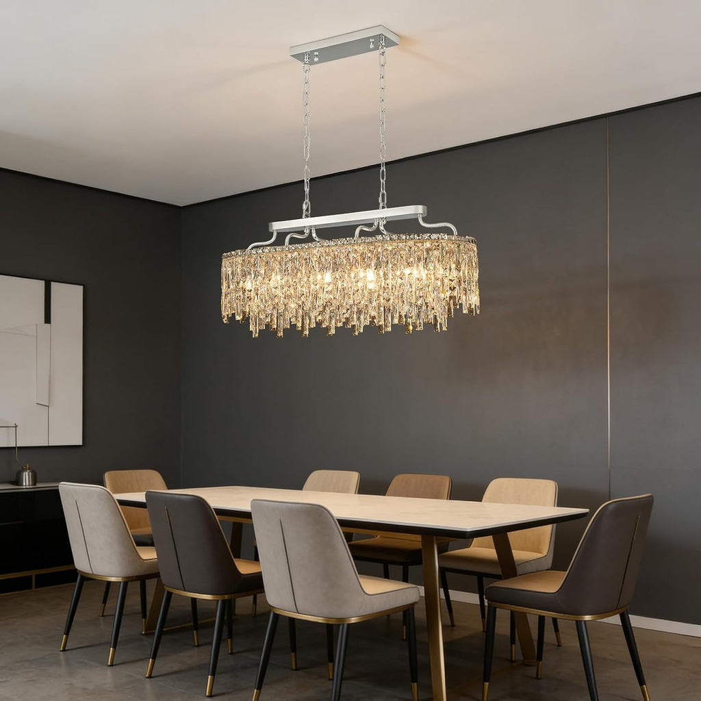 12-Lights Modern Luxury Crystal Chandeliers for Dining Room Light Fixtures Over Table | L36 Chrome Crystal Kitchen Island Lighting | Oval Hanging Chandeliers for Living Room Kitchen Bathroom