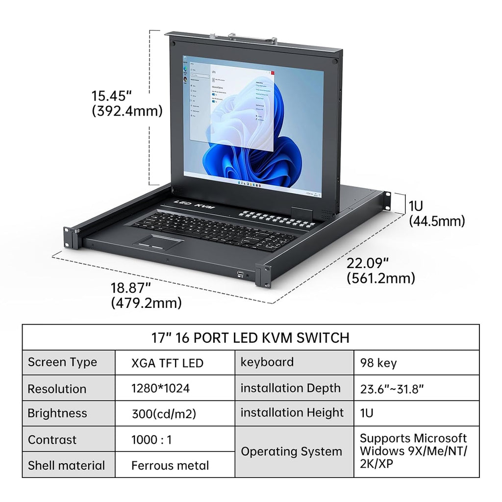 MT-VIKI Rack KVM Switch w/17'' LCD Monitor, 16 Port VGA KVM Switch with Keyboard Touchpad Monitor, Fit for 1U 19'' Rack, OSD/Hotkey/Button 【with 16 VGA KVM Cable】