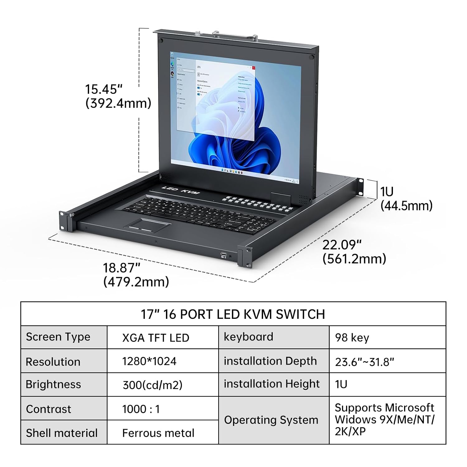 MT-VIKI Rack KVM Switch w/17'' LCD Monitor, 16 Port VGA KVM Switch with Keyboard Touchpad Monitor, Fit for 1U 19'' Rack, OSD/Hotkey/Button 【with 16 VGA KVM Cable】