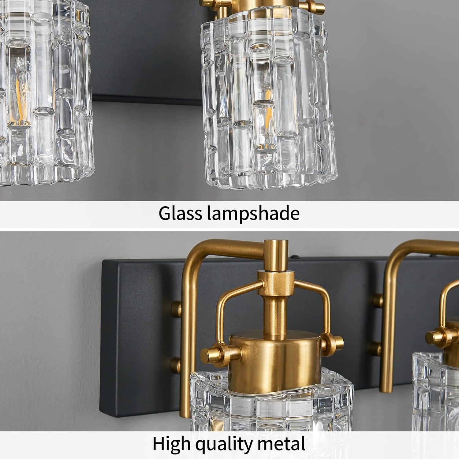 3 Light Crystal Glass Vanity Light, Black Gold Bathroom Lighting Fixtures Over Mirror Modern Bath Wall Sconce Lighting for Bedroom Living Room