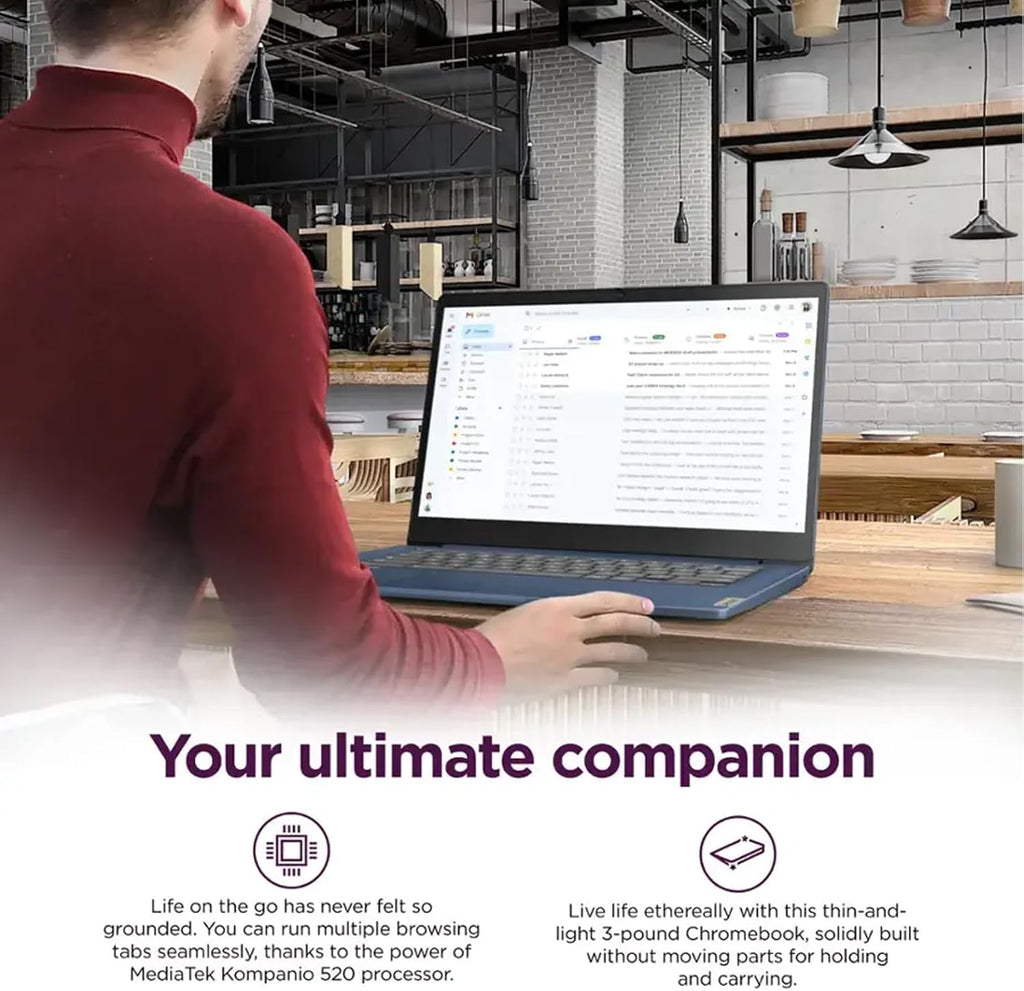 Lenovo IdeaPad Slim 3 Chromebook, 14'' Full HD (1920 x 1080) Display, 8-Core MediaTek Kompanio 520 CPU, 4GB RAM, 192GB (64GB eMMC + 128GB Micro SD Card), Wi-Fi 6, Abyss Blue, EAT Laptop Foldable Stand