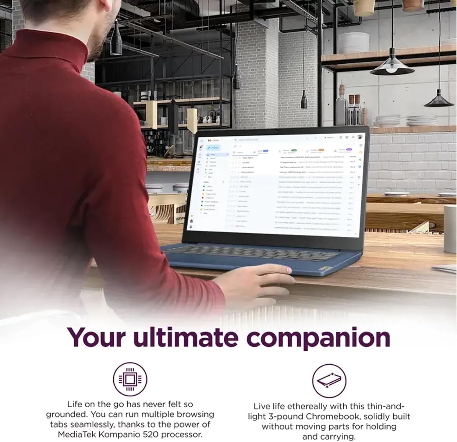 Lenovo IdeaPad Slim 3 Chromebook, 14'' Full HD (1920 x 1080) Display, 8-Core MediaTek Kompanio 520 CPU, 4GB RAM, 320GB (64GB eMMC + 256GB Micro SD Card), Wi-Fi 6, Abyss Blue, EAT Laptop Foldable Stand
