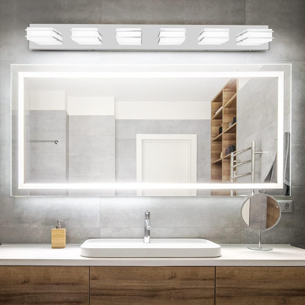 3 Color Temperature Dimmable Vanity Lights for Bathroom, LED Chrome 6 Light Vanity Lighting Fixtures, Acrylic Stainless Steel Square Shade Bathroom Light Fixtures over Mirror, ETL Certificated