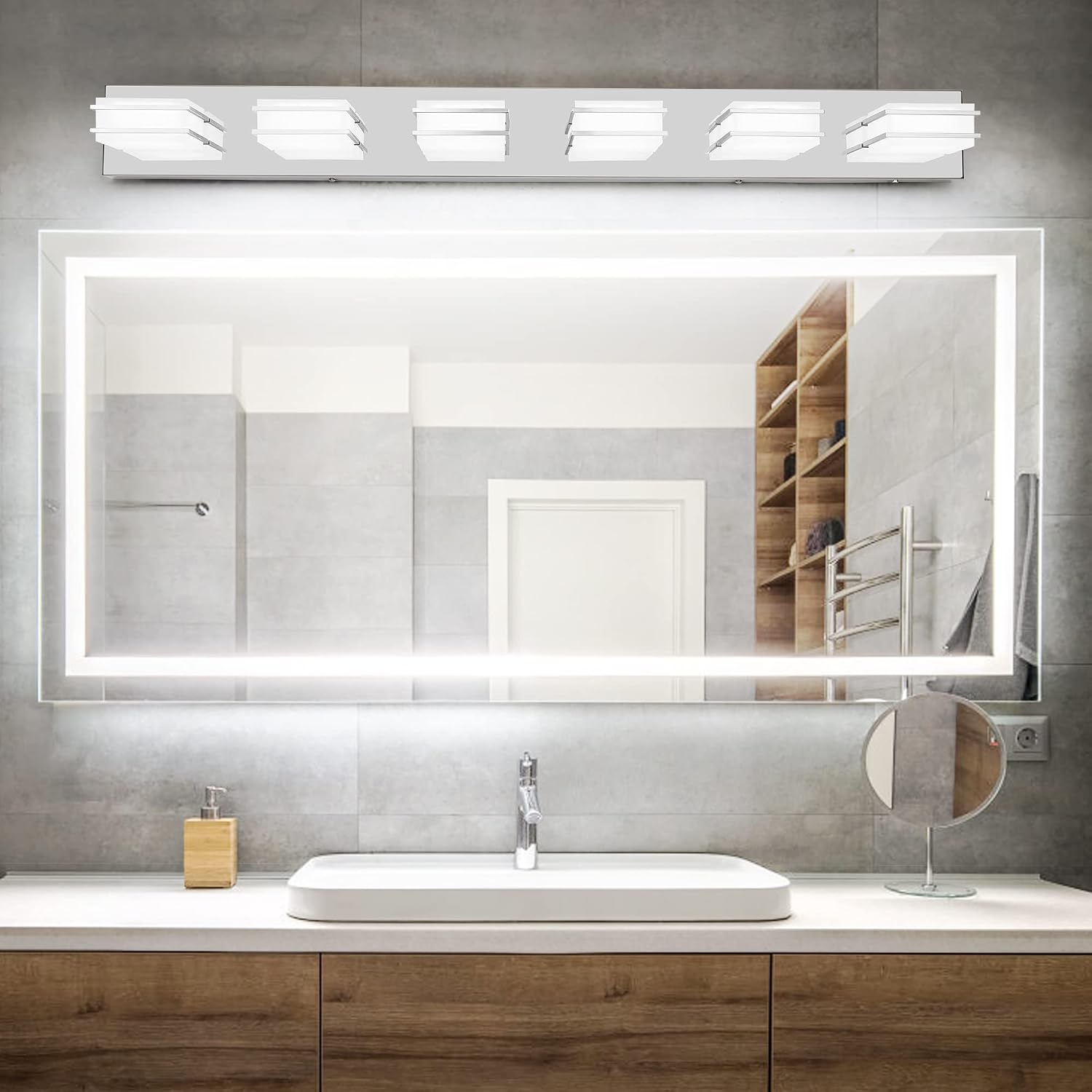 3 Color Temperature Dimmable Vanity Lights for Bathroom, LED Chrome 6 Light Vanity Lighting Fixtures, Acrylic Stainless Steel Square Shade Bathroom Light Fixtures over Mirror, ETL Certificated