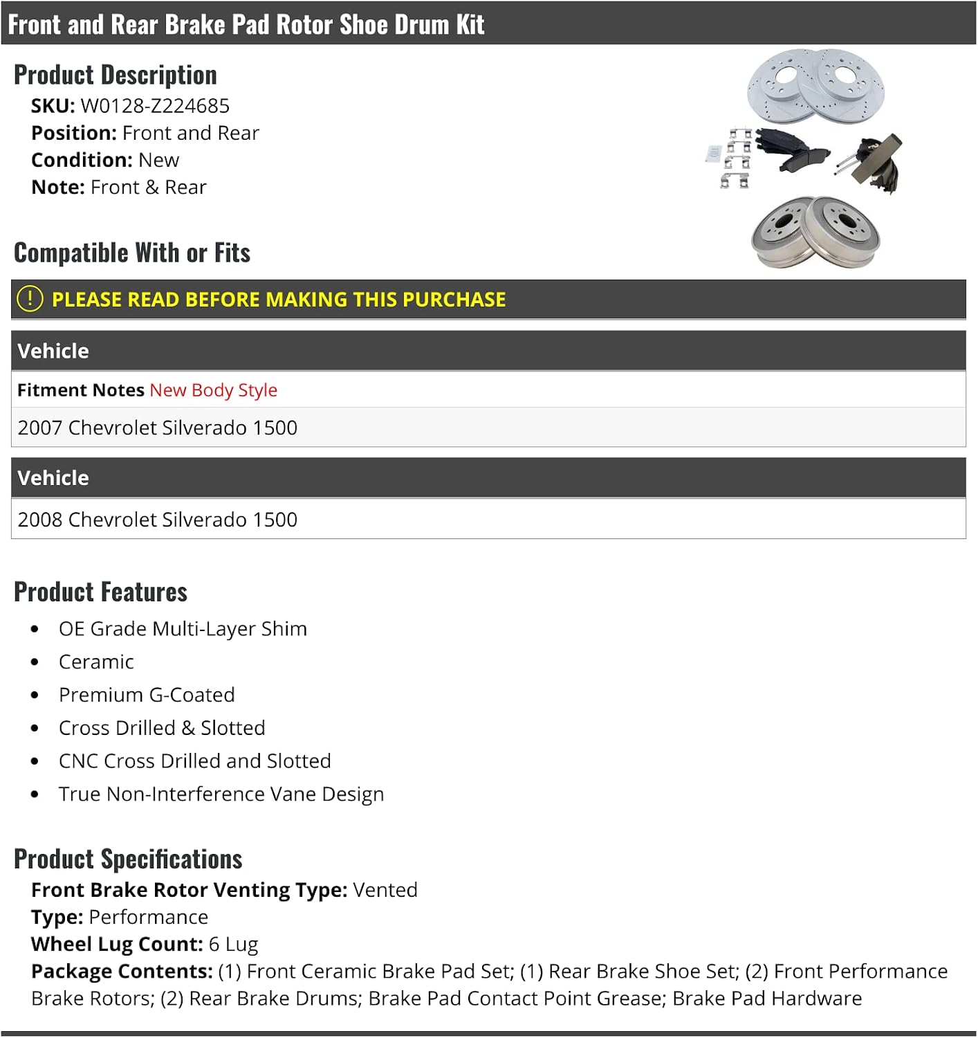 Front and Rear Ceramic Brake Pads and Cross Drilled and Slotted Rotor Shoe Drum Kit - 6 Lug - Compatible with 2007-2008 Chevy Silverado 1500