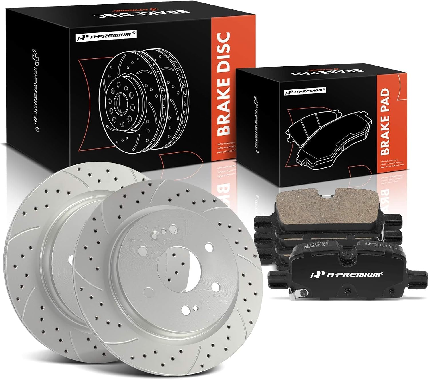 A-Premium 13.58 inch (345mm) Rear Drilled and Slotted Disc Brake Rotors + Ceramic Pads Kit Compatible with Select Chevy, GMC and Cadillac Models - Silverado 1500, Tahoe, Sierra 1500, Yukon, 6-PC Set