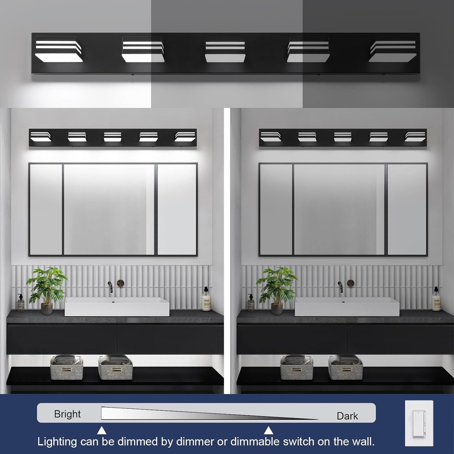 LED Modern Bathroom Vanity Light Fixtures (5-Light, 40-Inch)(5CCT, Dimmable), Matte Black Modern Bathroom Wall Lighting Fixtures Over Mirror (3000K/3500K/4000K/5000K/6000K)
