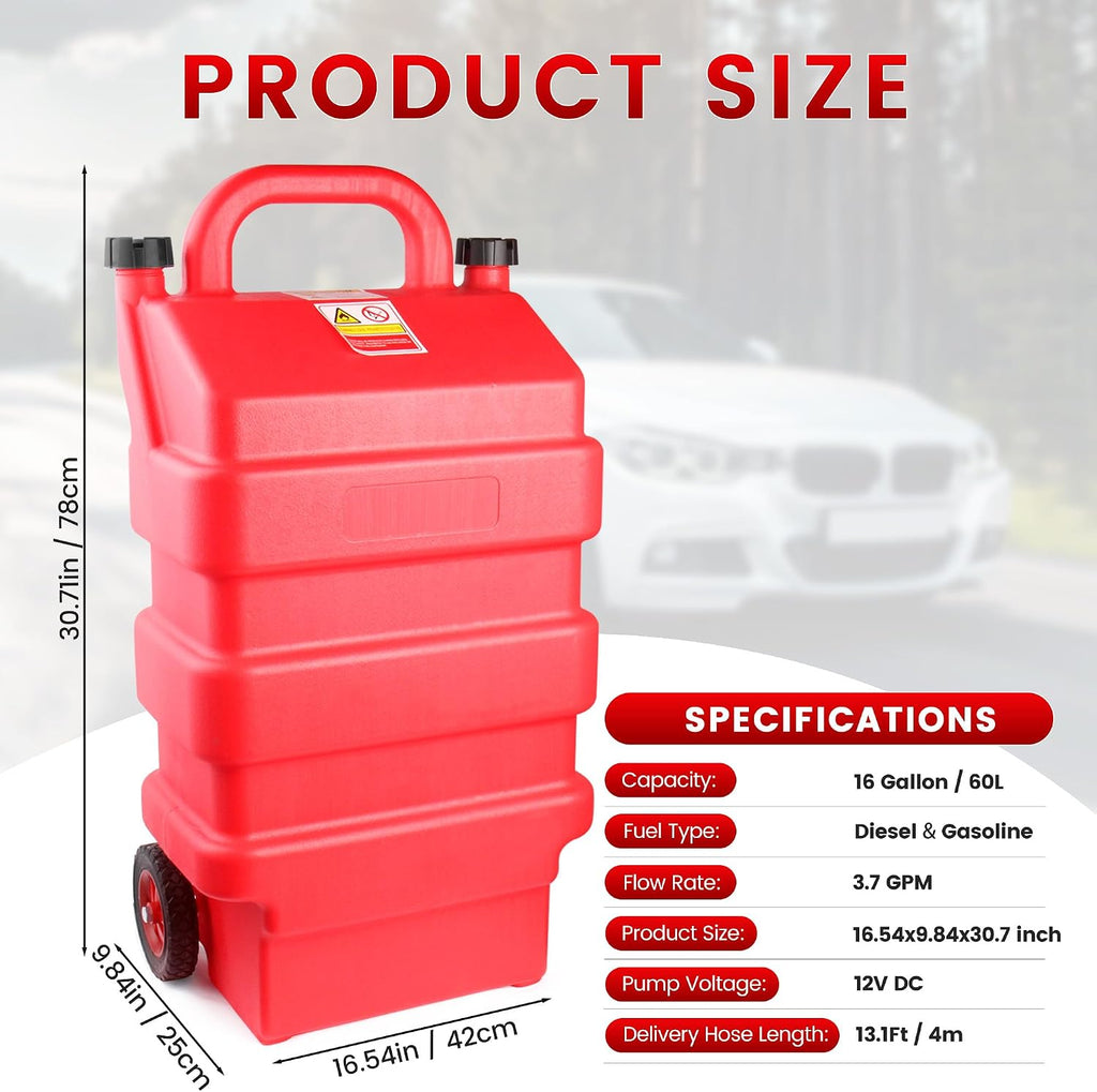 16 Gallon Fuel Caddy 2 Pack, 60L Fuel Transfer Caddy with 12V DC Pump and Wheels, Gas Caddy with Self-priming Transfer Pump, Gasoline Diesel Fuel Transfer for Cars, Lawn Mowers, ATVs, Boats & More (Pack of 2)