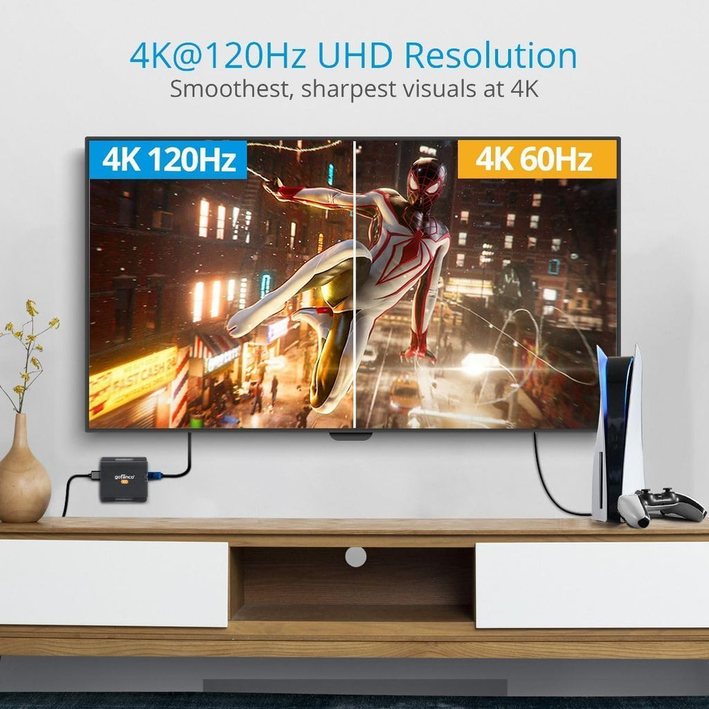 gofanco 4K 120Hz HDMI Extender Balun Over CAT6A/7 – Up to 130ft, 4K @120Hz YUV 4:4:4, 32Gbps, HDR, HDCP 2.3/2.2/1.4, DSC 1.2a, Dual IR, EDID, Digital Audio, Near Zero Latency (HDExt4K120)