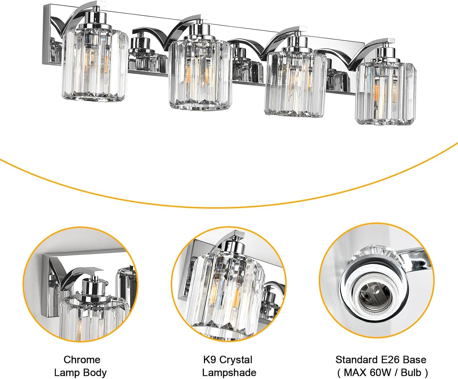 4 Lights Crystal Bathroom Vanity Light Modern Chrome Bathroom Light Fixture Bathroom Lighting Fixtures Over Mirror for Mirror E26 Base