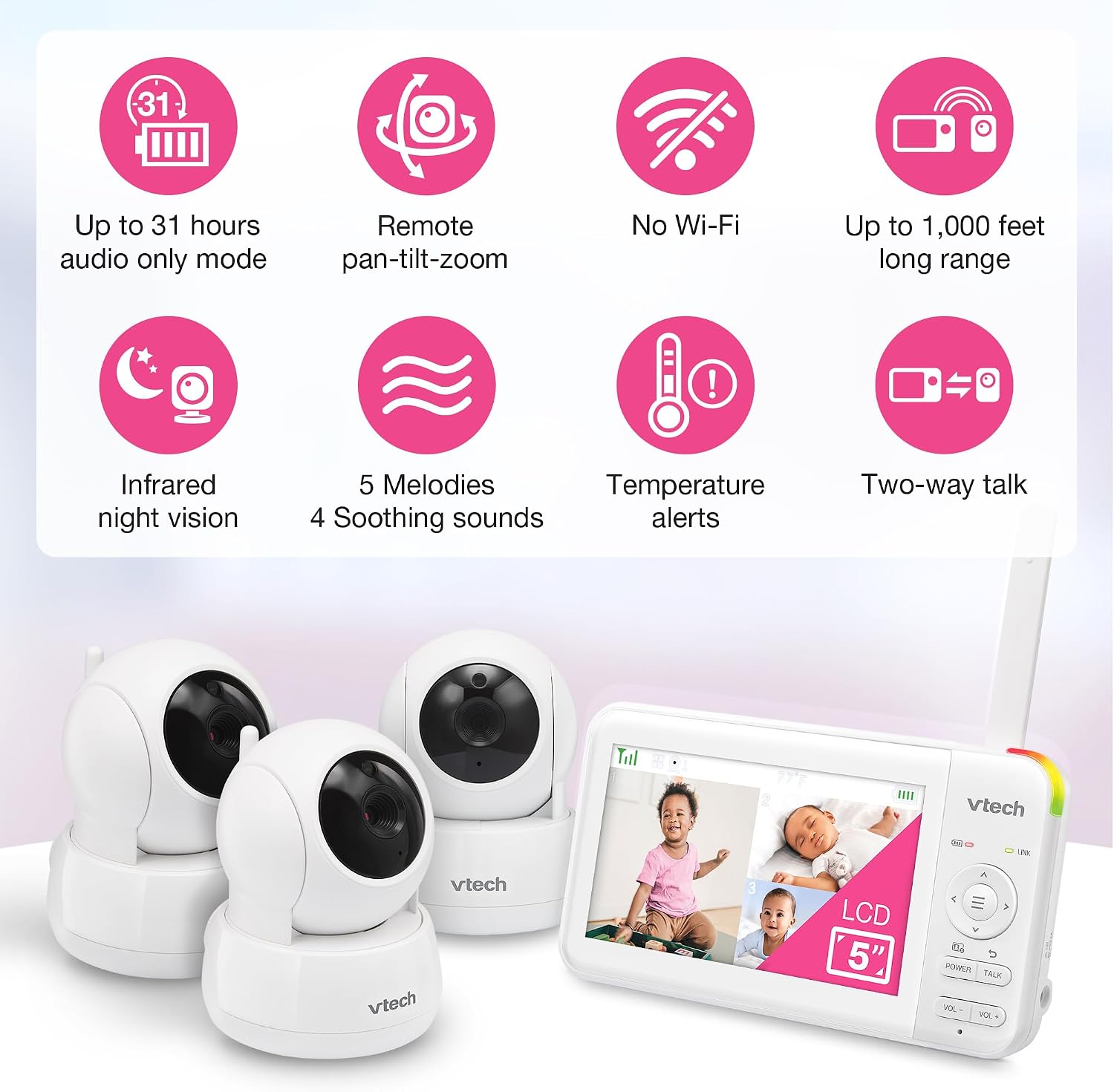 VTech 924-3W Video Baby Monitor with 3 Cameras, 5' LCD Screen, No WiFi, Pan Tilt Zoom, Up to 17Hrs Video & 31Hrs Audio Battery, 1000ft Range, Night Vision, Lullabies, Temperature Sensor, 2-Way Talk
