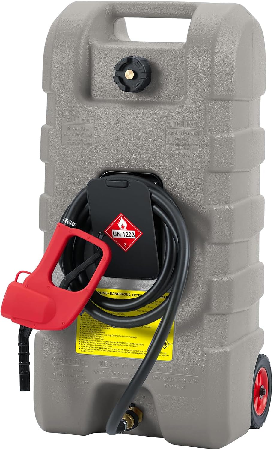 15 Gallon Gas Can, Heavy-Duty Fuel Tank with Manual Transfer Pump & 10FT Hose, Portable Gas Caddy with Wheels, Leak-Proof Gas Container for Lawn Mowers, Cars, Boats, ATVs, Grey