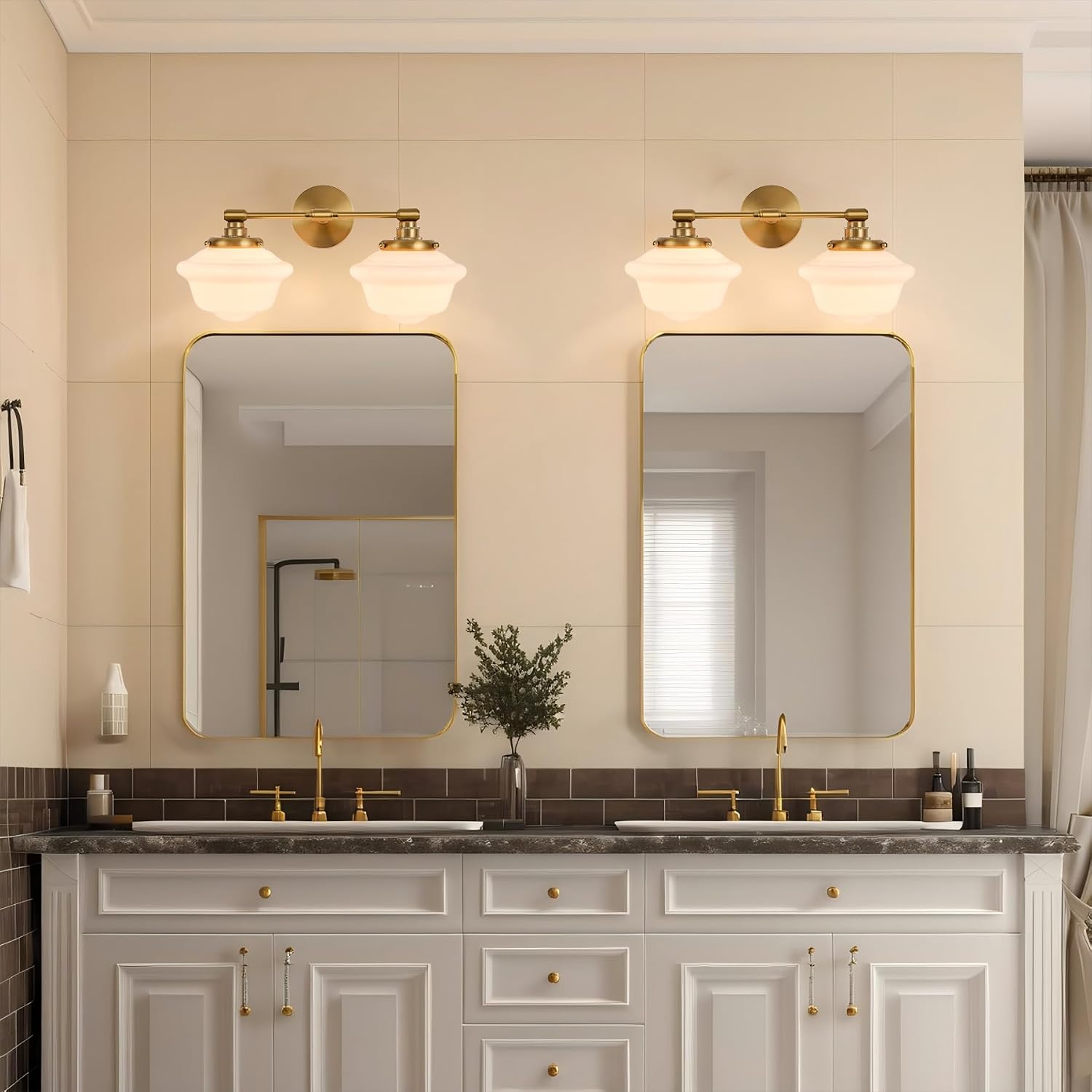FCTWAKS 2-Light Vintage Bathroom Vanity Light, Schoolhouse Light Fixture - Brushed Gold with Milk Glass Shades, Modern Farmhouse Wall Sconce
