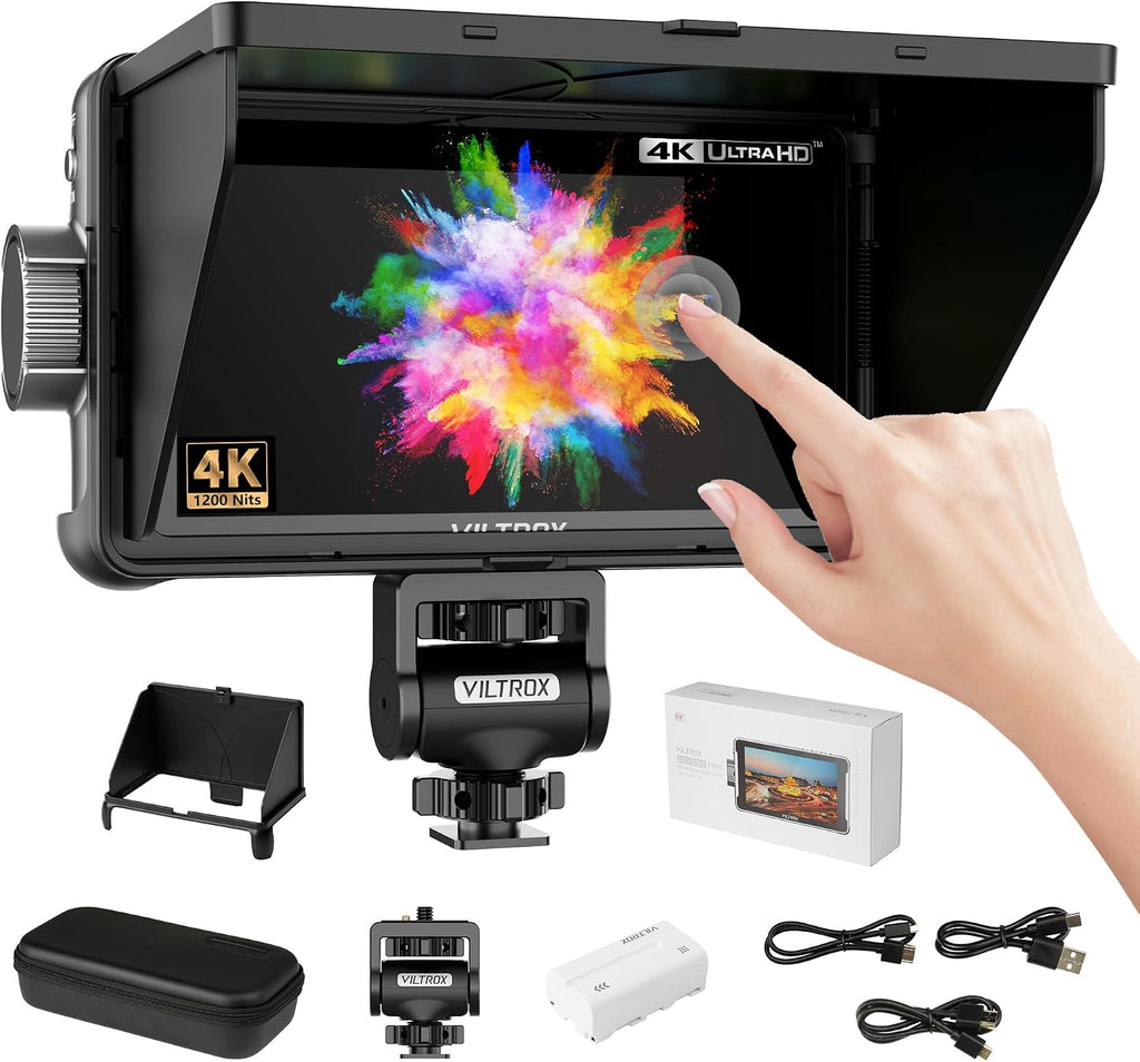 VILTROX DC-550 Pro 5.5 Inch Touchscreen Camera Field Monitor, 4K HDMI, 1200 nits, 160° Wide View Angle, Camera Monitor with Battery, Sunshade Hood, 3D Lut, Peaking Focus Assist, DC 12V Type-C 5V in