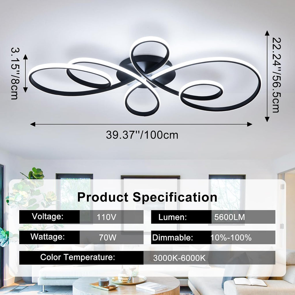 66W Modern LED Ceiling Light, 39.37Inch Flower Flush Mount Light Fixture with Remote Control Black Dimmable Ceiling Lamp for Living Room, Bedroom, Dining Room, Hallway, Kitchen