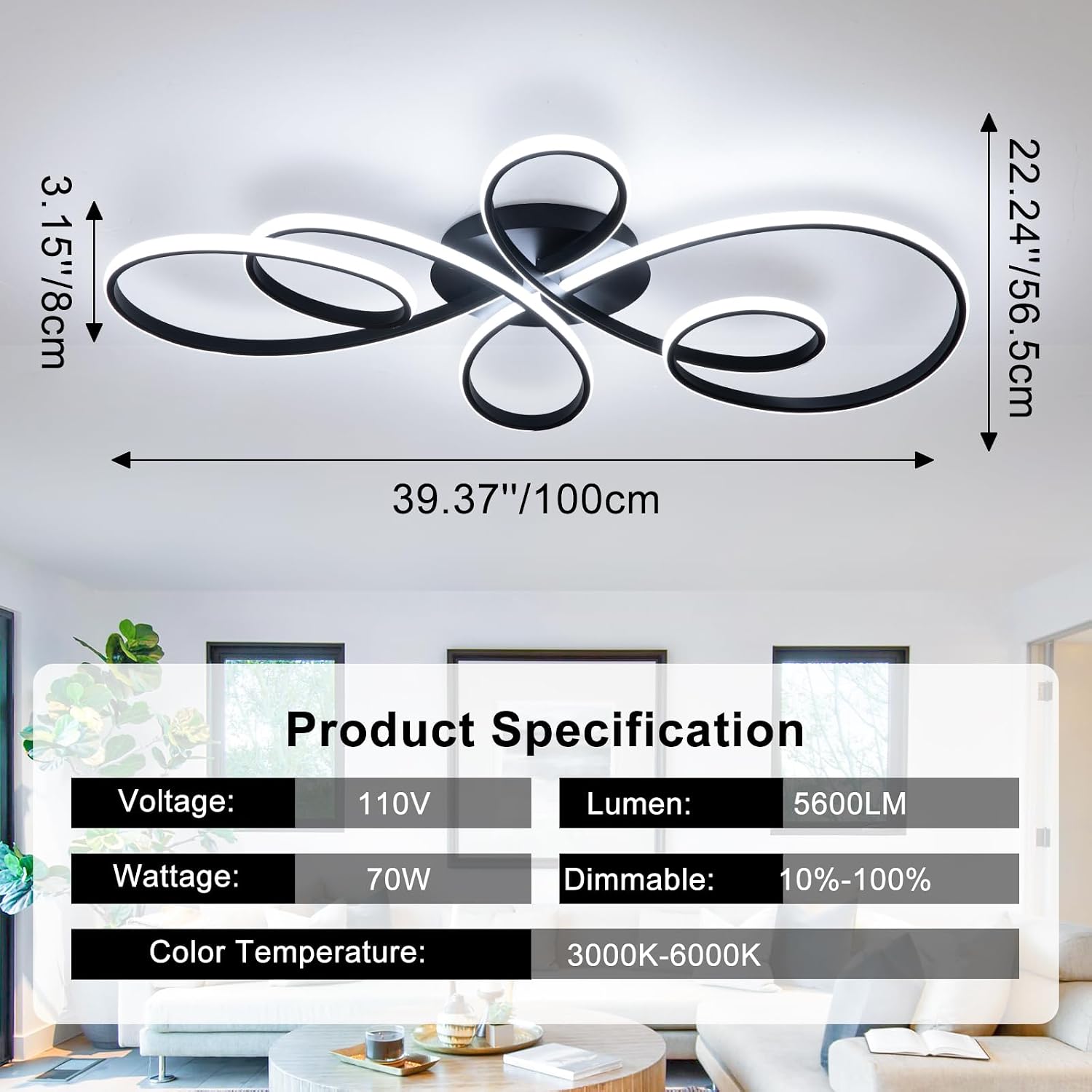 66W Modern LED Ceiling Light, 39.37Inch Flower Flush Mount Light Fixture with Remote Control Black Dimmable Ceiling Lamp for Living Room, Bedroom, Dining Room, Hallway, Kitchen