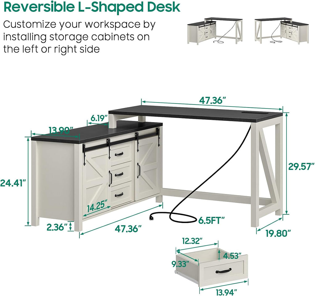 Executive L Shaped Office Desk with Drawers, Farmhouse Corner Desk for Home Office with Storage Cabinet, Computer Desk with Charging Station, Reversible Study Writing Table Workstation, Rustic White