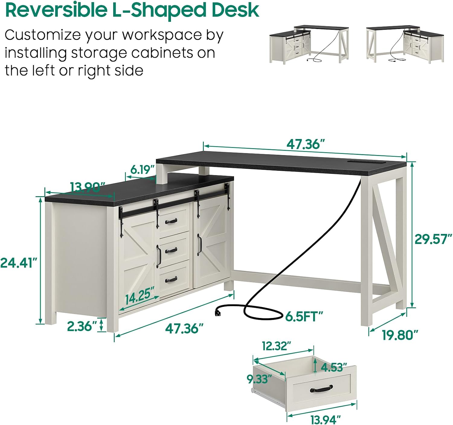 Executive L Shaped Office Desk with Drawers, Farmhouse Corner Desk for Home Office with Storage Cabinet, Computer Desk with Charging Station, Reversible Study Writing Table Workstation, Rustic White