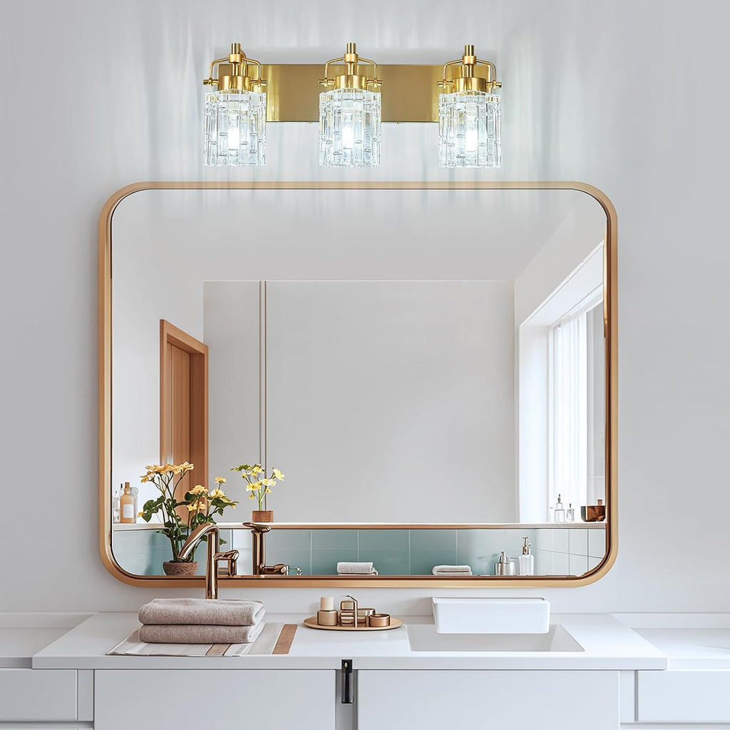 3 Light Crystal Glass Vanity Light, Gold Bathroom Lighting Fixtures Over Mirror Modern Bath Wall Sconce Lighting for Bedroom Living Room
