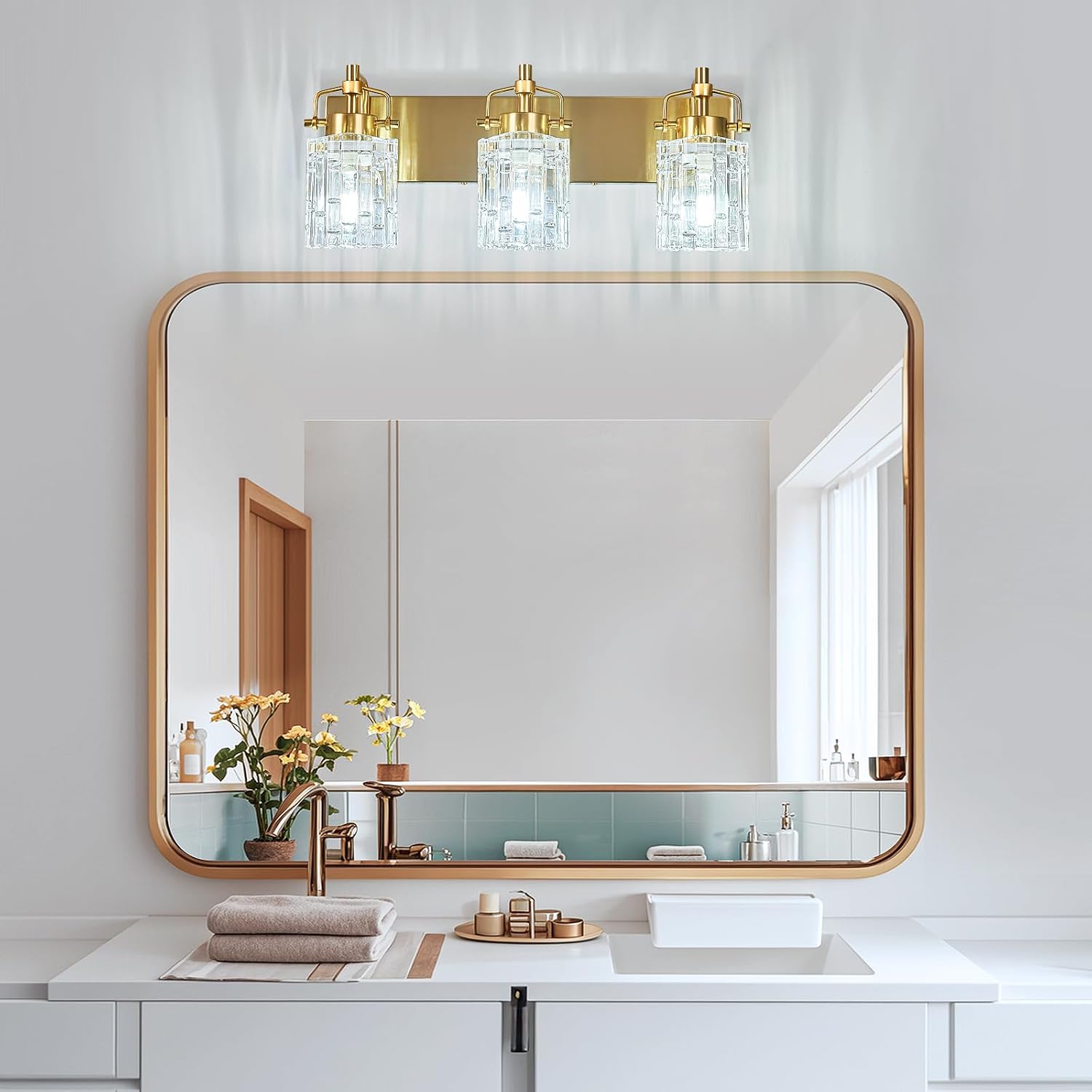 3 Light Crystal Glass Vanity Light, Gold Bathroom Lighting Fixtures Over Mirror Modern Bath Wall Sconce Lighting for Bedroom Living Room
