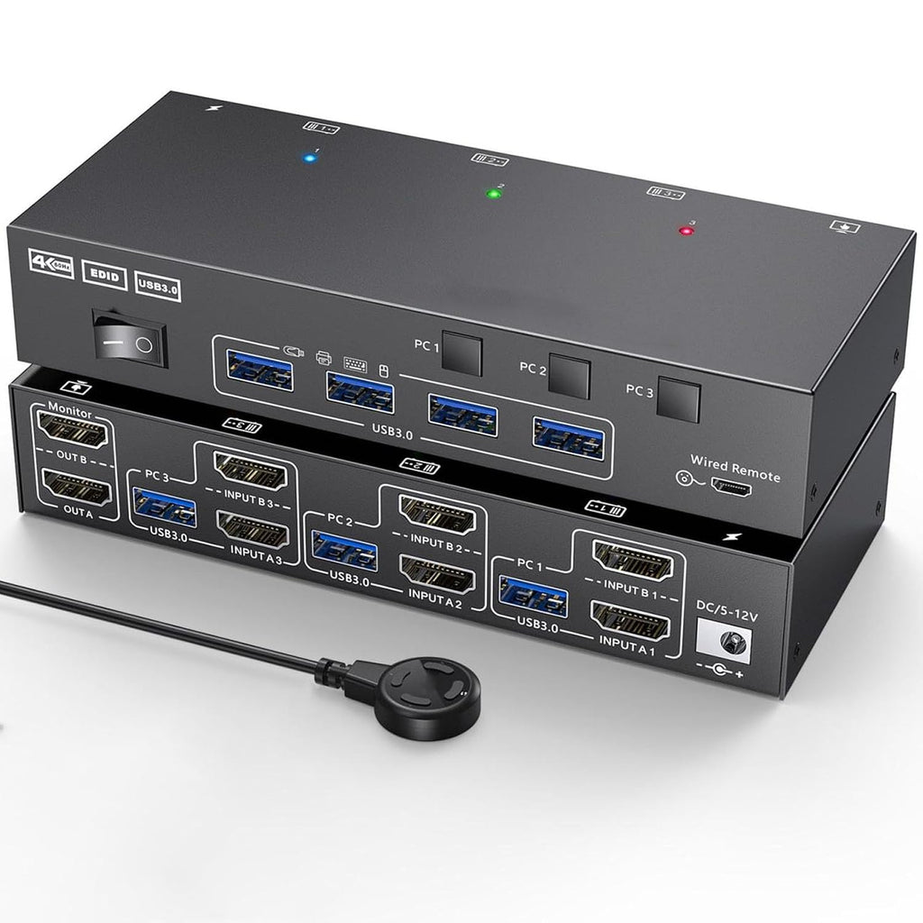 KVM Switch 2 Monitors 3 Computers, Share 4 USB Ports, USB3.0 KVM Switch for Keyboard Mouse Printer Support 4K@60HZ, Dual Monitor Kvm Switcher Support Extended & Duplicate