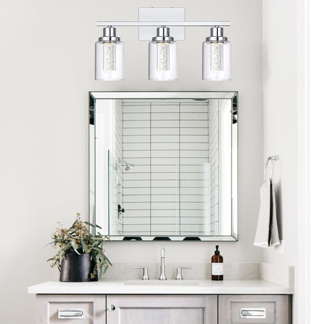 MELUCEE 5 Color Dimmable Vanity Lights 3 Light LED Bathroom Light Fixtures Chrome Bathroom Lights Over Mirror Wall Light Fixtures with Crystal Bubble Clear Glass Shade, Built-in LED Chips