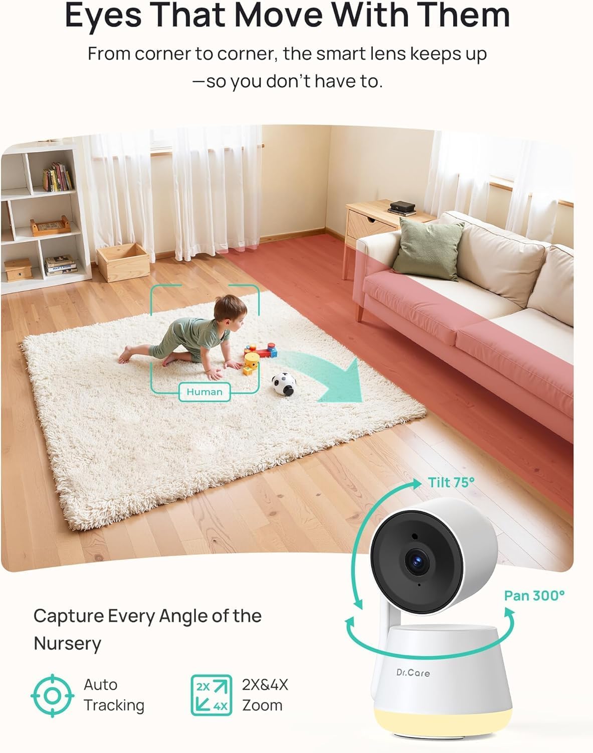 Dr.Care LumiView Smart WiFi Baby Monitor with Clip Mount - 5' 1080P FHD & 2K Camera App Control, Privacy Mode, 5000mAh Removable Battery, Cry & Motion Alerts, HD Night Vision, RGB Night Light