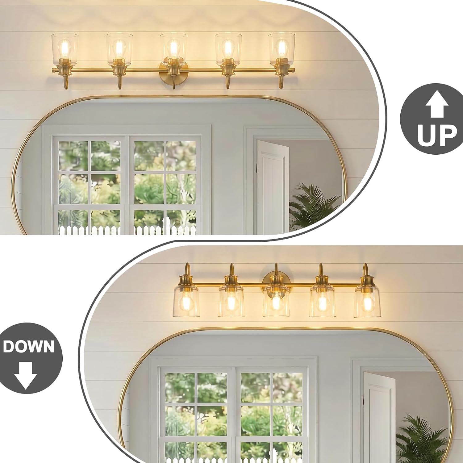 5 Lights Bathroom Light Fixtures Modern Gold Vanity Lights for Bathroom Lighting Fixtures Over Mirror with Clear Glass Shade for Cabinet Mirror Bedroom Hallway