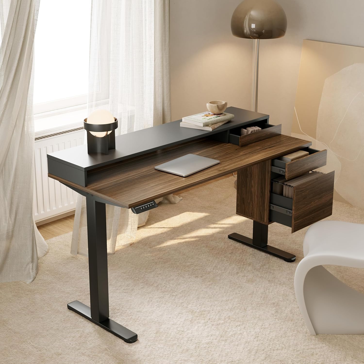 HUANUO Standing Desk with Drawers and File Cabinet, 47 Inch Electric Height Adjustable Desk with Storage, Ergonomic Stand Up Table Compatible with Monitor Stand, Black Walnut