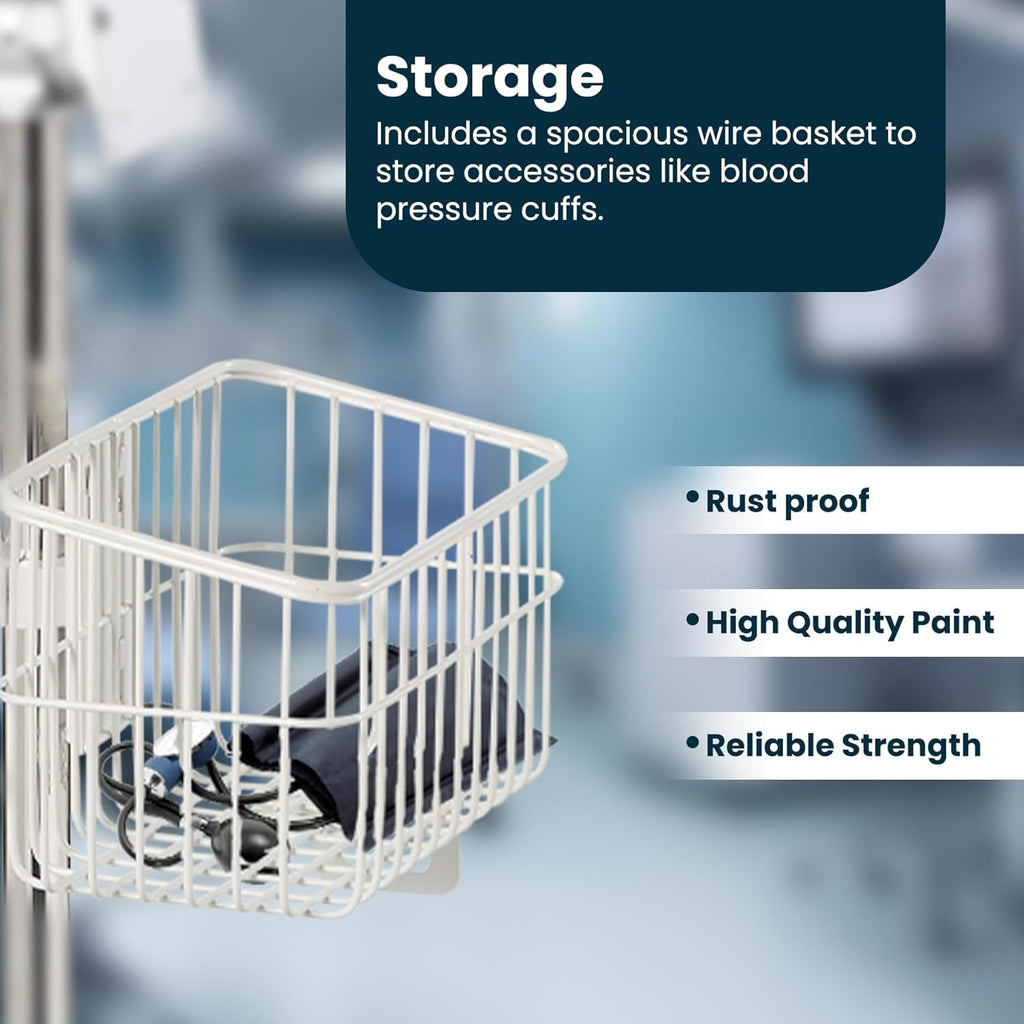 VivaDiagnostics Rolling Stand Vital Signs Monitor for WE 7000 Series Connex Spot, (Monitor NOT Included), Blood Pressure Cuff Basket, Work Surface, Adjustable Pole, and Cord Organizer