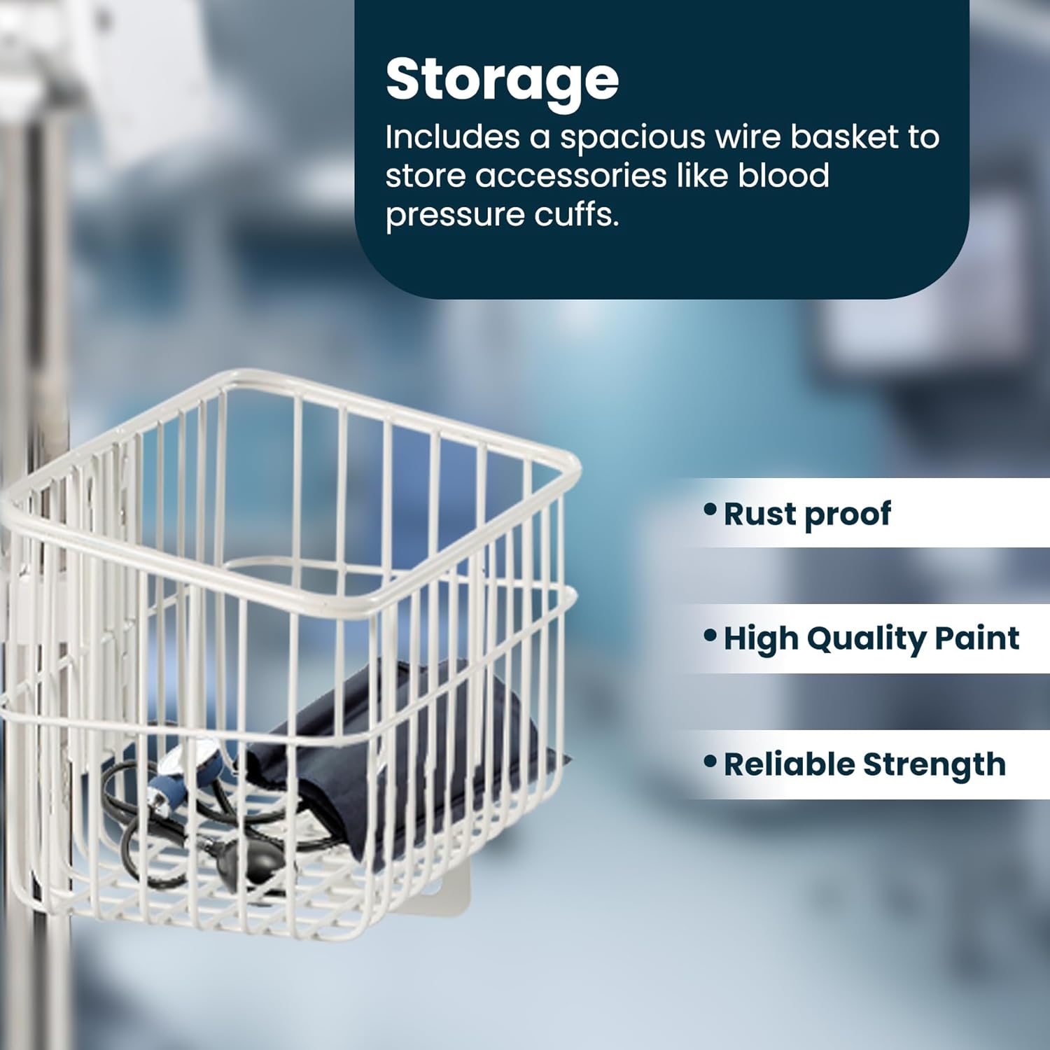 VivaDiagnostics Rolling Stand Vital Signs Monitor for WE 7000 Series Connex Spot, (Monitor NOT Included), Blood Pressure Cuff Basket, Work Surface, Adjustable Pole, and Cord Organizer