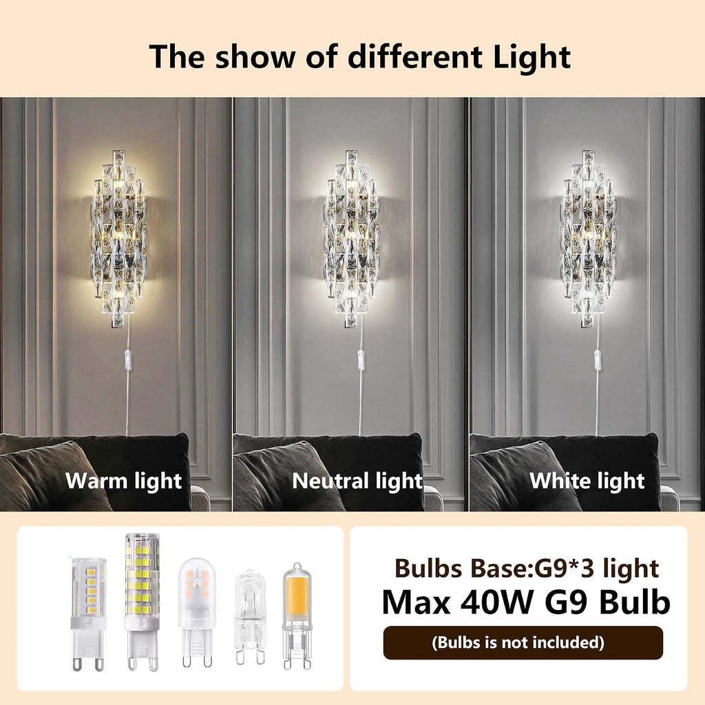 Modern Plug in Wall Sconce Crystal Wall Sconces Indoor Wall Lamp for Bedroom Chrome Light Fixture with Plug in Switch Vanity Wall Mount Lamps for Living Room Bedroom Bathroom Bedside Hallway