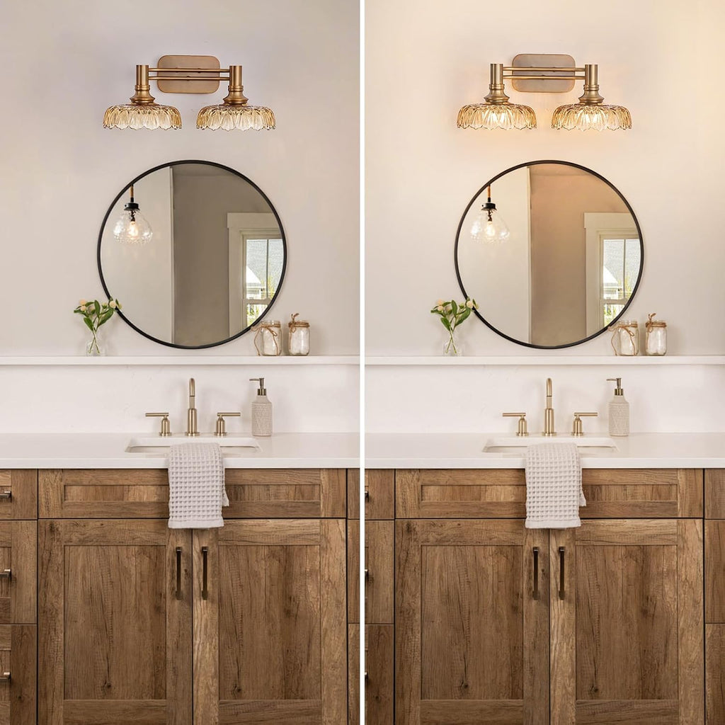 Vintage Bathroom Vanity Light Fixtures, 2-Light Brass Vanity Wall Light Over Mirror with Amber Glass Shade for Hallway Bedroom Living Room