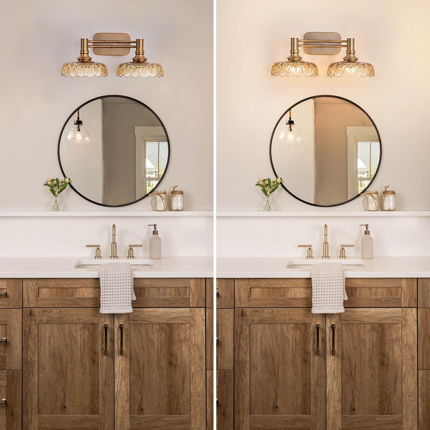 Vintage Bathroom Vanity Light Fixtures, 2-Light Brass Vanity Wall Light Over Mirror with Amber Glass Shade for Hallway Bedroom Living Room
