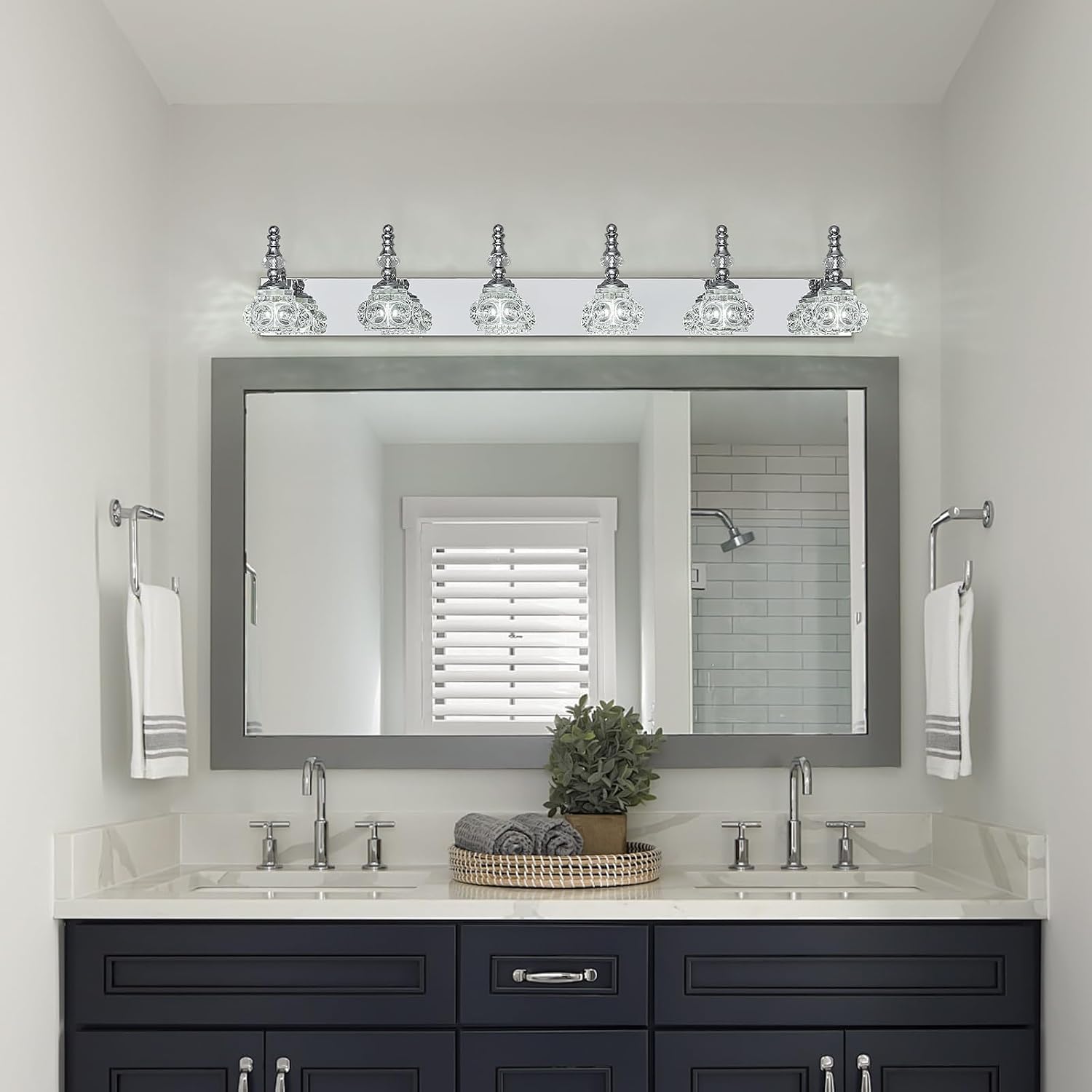 Modern Glass Crystal Vanity Light - Vintage Bathroom Lighting Fixtures Over Mirror, 6 Light Vanity Lights G9 Bulb (43.3 Inch, Chrome)