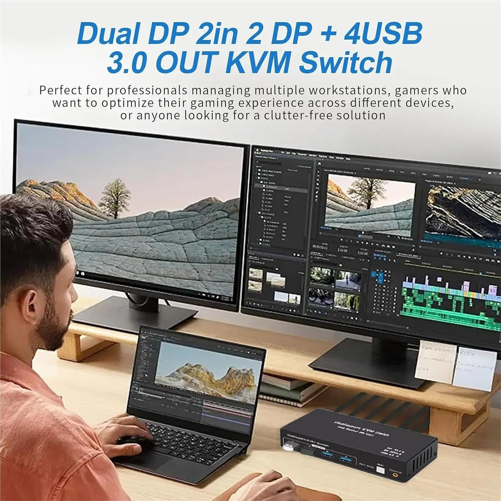 8K Dual Monitor Displayport KVM Switch 2 Monitors 2 Computers 4K 144Hz DP KVM Switcher USB3.0 Selector 2 PC Share Keyboard Mouse(AU Power Adapter)