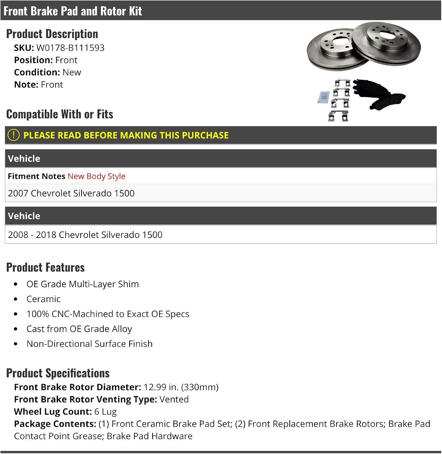 Front Ceramic Brake Pad and Rotor Kit - Compatible with 2007-2018 Chevy Silverado 1500